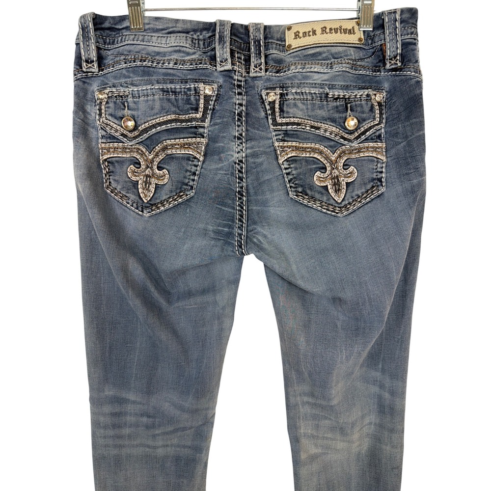 Rock Revival Barby Easy Skinny Jeans Women 31 Blue Embellished Fleur De Lis Y2K